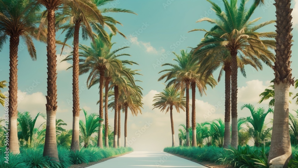 Fototapeta premium Tropical palm tree lined pathway leading into bright sunny atmosphere with lush greenery and clear blue sky Copy Space