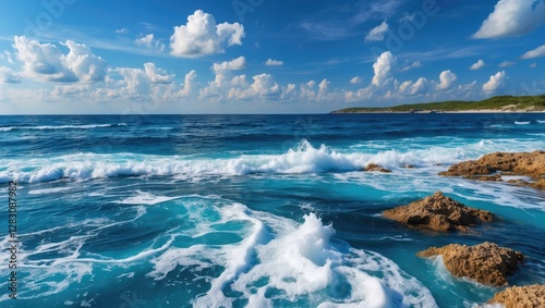 Cloudy sky over tranquil ocean waves with rocky shoreline and vibrant blue water.