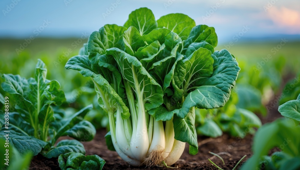 Fresh bok choy vegetable growing in a field with lush green leaves and healthy soil Copy Space Fresh bok choy vegetable growing in a field with lush green leaves and healthy soil Copy Space