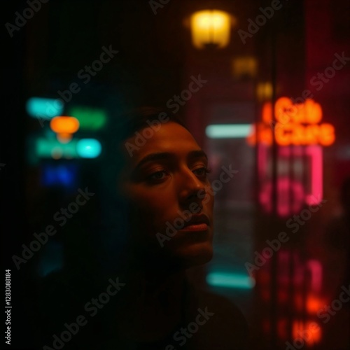 young man looking out window into neon city lights