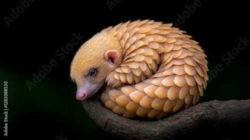 Pangolin (Smutsia temminckii) curling into a defensive ball, tough golden-brown scales isolated against dark green photo