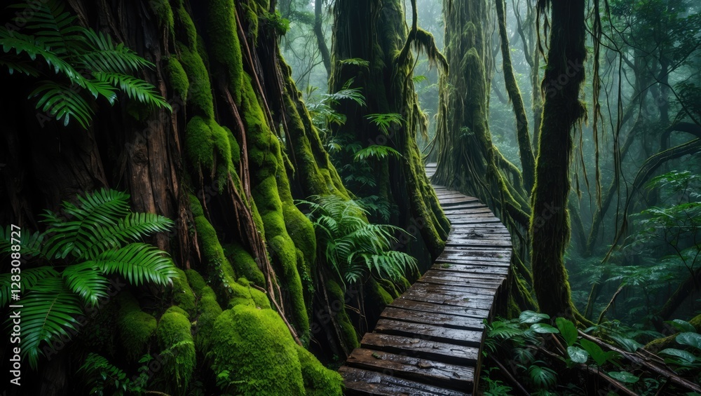 Obraz premium Lush green rainforest with wooden pathway surrounded by moss-covered trees and dense foliage showcasing natural beauty and tranquility Copy Space