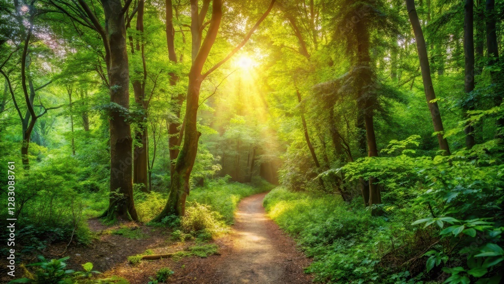 Naklejka premium path through dense foliage, sunlight filters through canopy above, serenity of forest surroundings