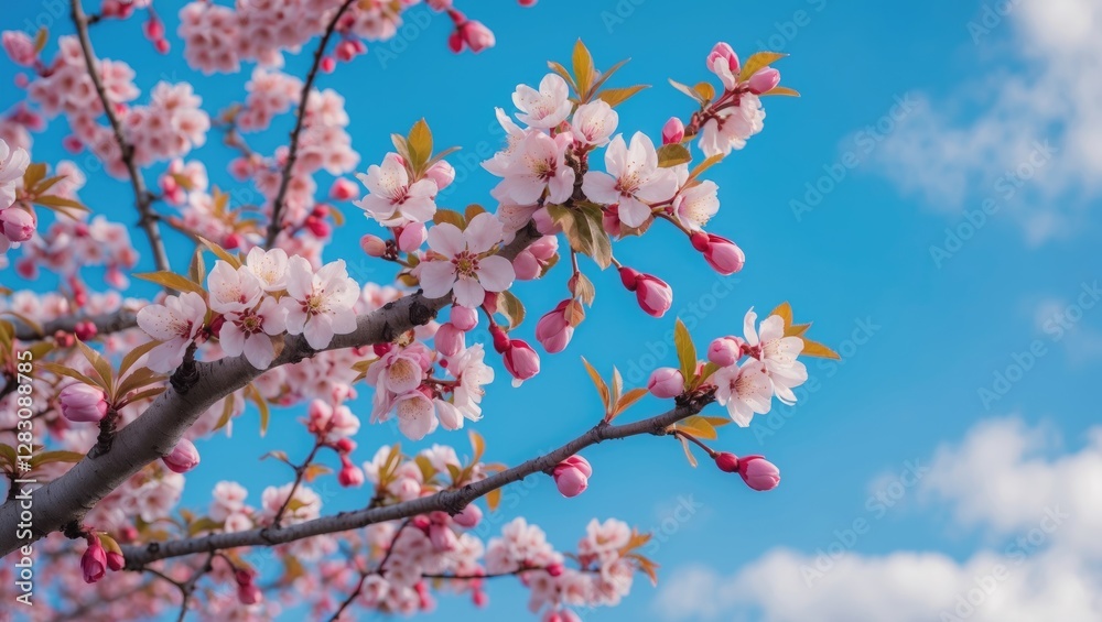 Cherry blossom tree branch with pink flowers against a bright blue sky with clouds in spring season. Cherry blossom tree branch with pink flowers against a bright blue sky with clouds in spring season.