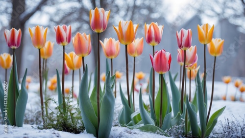 Colorful tulips blooming in winter landscape with snow and blurred background, showcasing spring flowers and nature's beauty. Copy Space photo