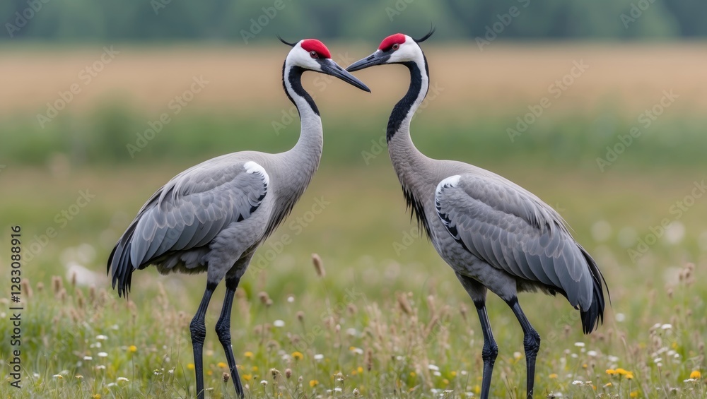 Fototapeta premium Two European cranes with red crowns standing close together in a grassy field during daytime with blurred background, Copy Space