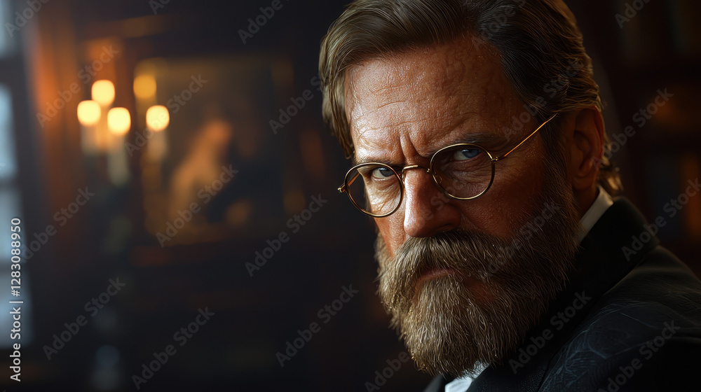 Portrait of a 19th century scientist in a candle-lit study with a thoughtful expression Portrait of a 19th century scientist in a candle-lit study with a thoughtful expression