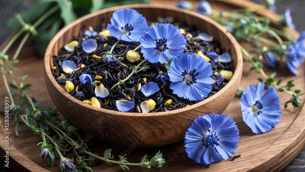 Wooden bowl filled with black tea leaves and blue flowers surrounded by green herbs on a wooden surface Wooden bowl filled with black tea leaves and blue flowers surrounded by green herbs on a wooden surface