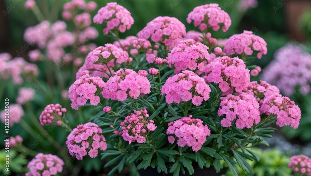 Pink flowering plants in a garden setting showcasing clusters of vibrant blooms with lush green foliage out of focus in the background Pink flowering plants in a garden setting showcasing clusters of vibrant blooms with lush green foliage out of focus in the background
