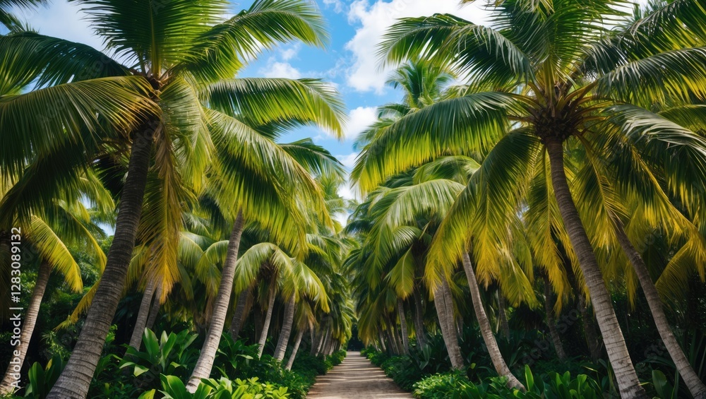 Obraz premium Tropical pathway lined with palm trees under a blue sky with white clouds featuring lush greenery and natural lighting Copy Space