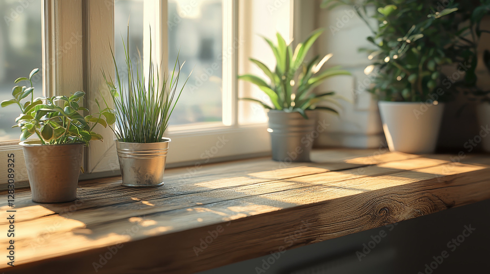 Cozy rustic windowsill with plants bathed in warm sunlight and natural textures Cozy rustic windowsill with plants bathed in warm sunlight and natural textures
