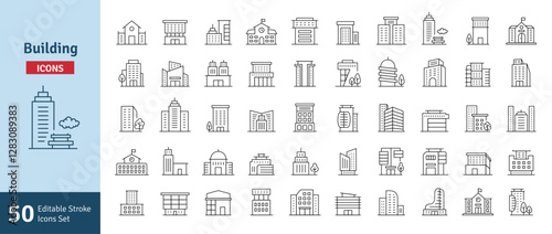 Buildings Line Editable Stroke Icons Set. Real Estate, House, Home, Apartment, Condominium, Hotel, Mall, City, Cityscape, Town, Downtown, Museum. Architecture Buildings Icons Vector Illustration
