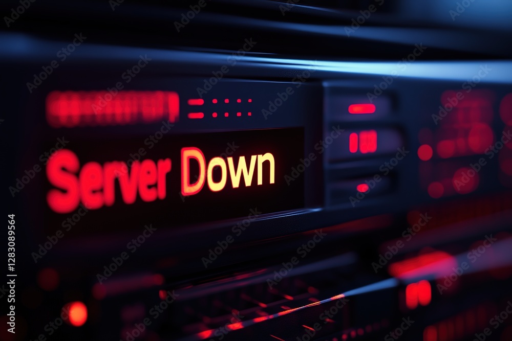 Bright red alert indicating server downtime, surrounded by high- Bright red alert indicating server downtime, surrounded by high-