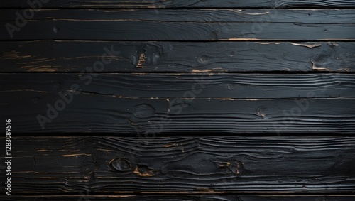 Textured dark wood surface with deep grooves and occasional lighter accents suitable for backgrounds and design elements.