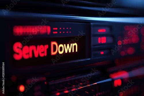 Bright red alert indicating server downtime, surrounded by high-