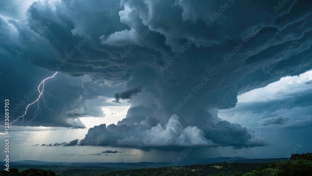 Dramatic storm clouds with lightning in a mountainous landscape under a dark and ominous sky. Dramatic storm clouds with lightning in a mountainous landscape under a dark and ominous sky.