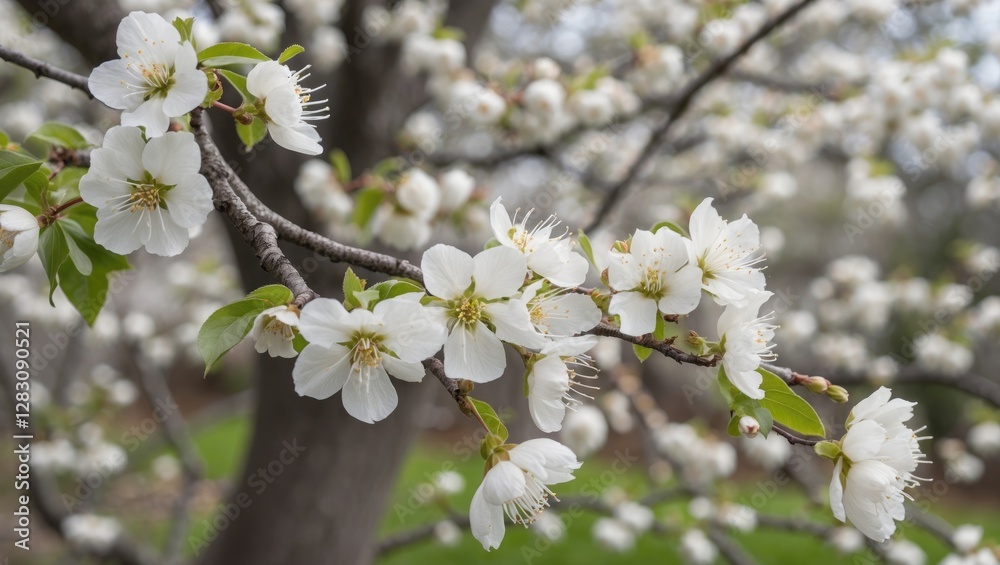 Obraz premium Cherry blossom branches with white flowers in springtime garden setting with blurred background and natural lighting. Copy Space