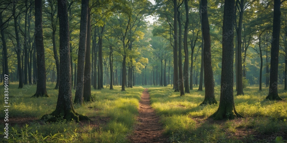 Obraz premium Forest pathway with tall trees and lush greenery in soft morning light providing a serene atmosphere and ample copy space