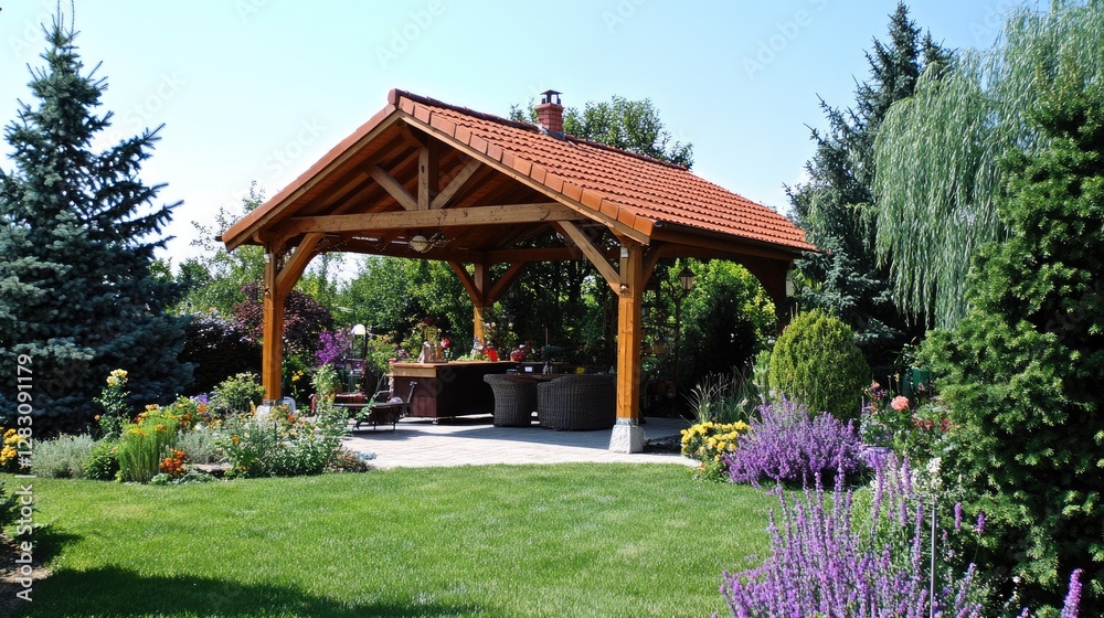 Outdoor kitchen with a separate structure and heat-resistant roofing materials Outdoor kitchen with a separate structure and heat-resistant roofing materials