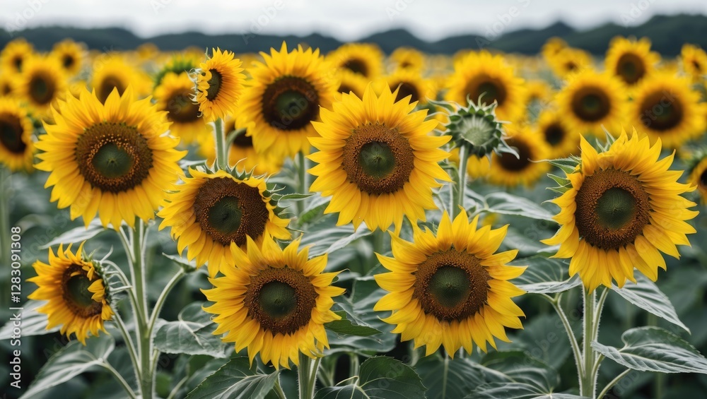 Field of vibrant yellow sunflowers with green leaves under a cloudy sky for natural background use Copy Space Field of vibrant yellow sunflowers with green leaves under a cloudy sky for natural background use Copy Space