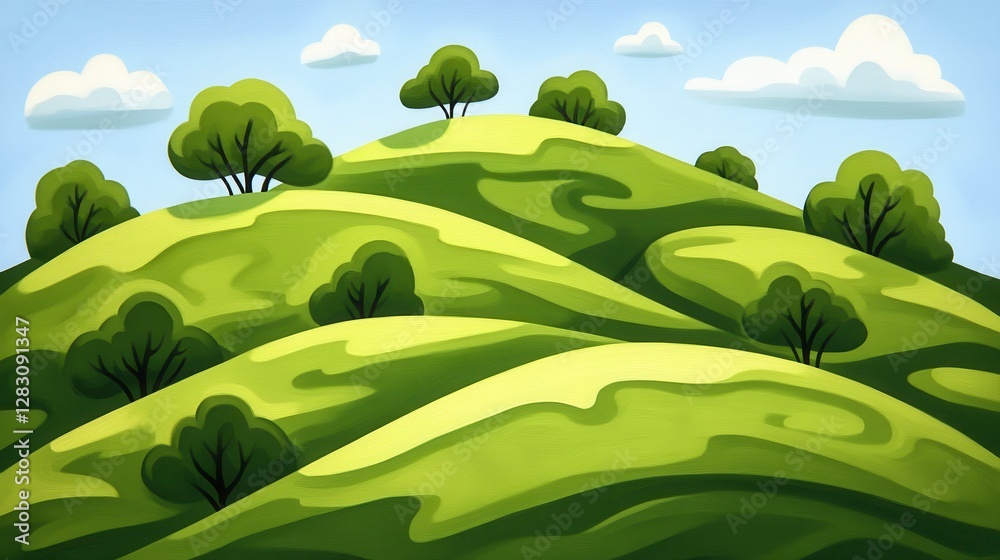 Fototapeta premium Vibrant green hills rolling landscape nature scene digital illustration serene environment aerial view tranquility