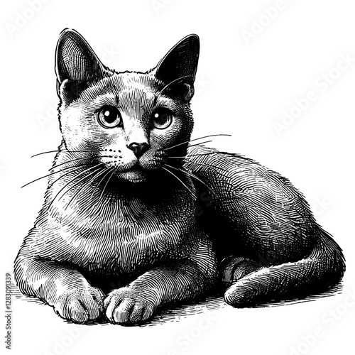 Line art drawing of Russian Blue cat's ink sketch kitten vector hand drawn illustration background