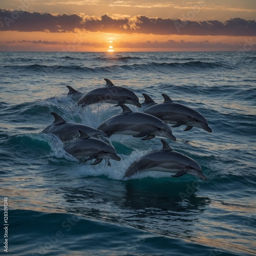 A pod of dolphins riding the waves near the coast at dawn, with the ocean reflecting the first light.