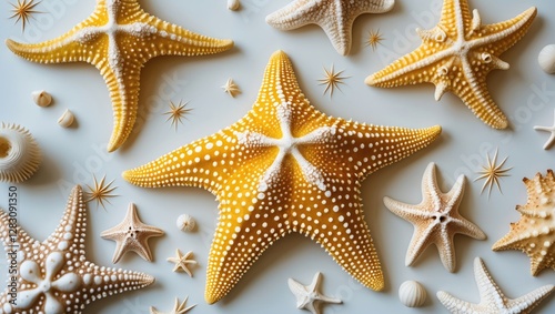 Colorful starfish and seashells composition on light background with varied textures and shapes suitable for marine themes and designs photo