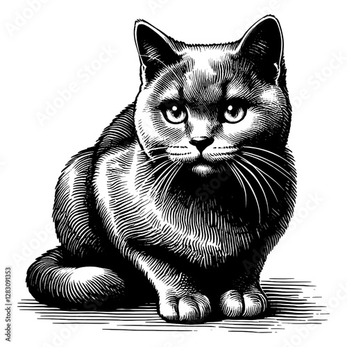 Line art drawing of Russian Blue cat's ink sketch kitten vector hand drawn illustration background