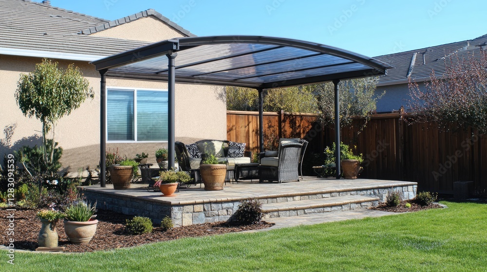 Outdoor seating area shaded by a lightweight, heat-reducing acrylic canopy