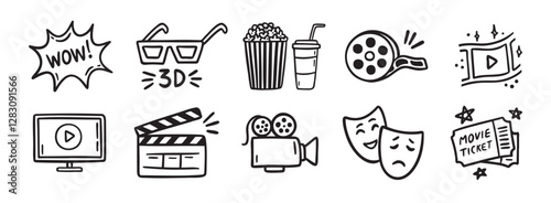 movie theater or cinema doodle hand drawn icon set. Outline drawing movie theater or cinema line clipart symbol collection