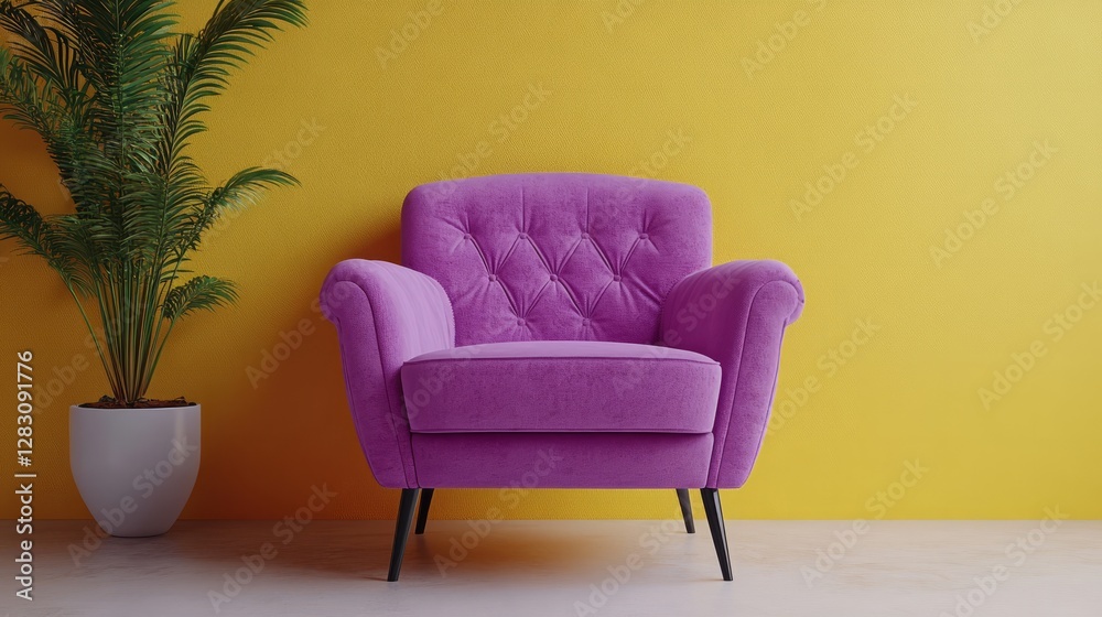 Lilac chair standing out against a mustard studio background Lilac chair standing out against a mustard studio background
