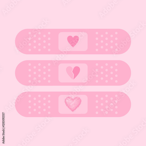 Three pink Band aid with various hearts shape minimalist, broken and sketched styled 