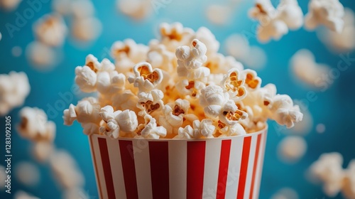 Freshly popped popcorn overflowing from a classic striped bucket against a vibrant blue background