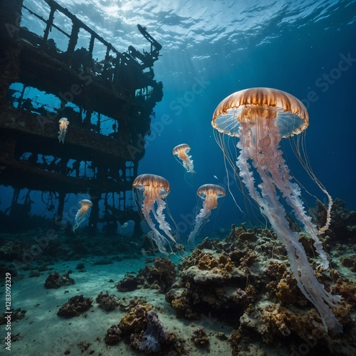 A group of jellyfish floating past a sunken shipwreck on the ocean floor.