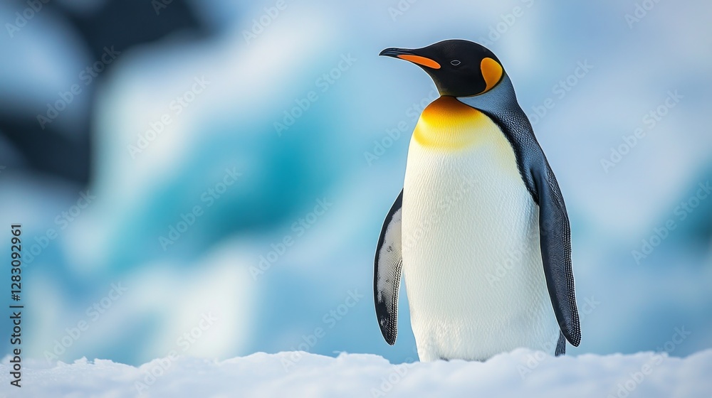 Obraz premium Majestic emperor penguin standing on snowy ice surrounded by icy blue backgrounds in Antarctica during winter