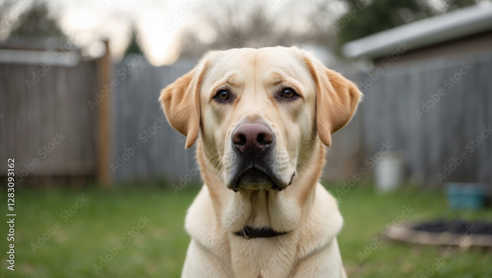 Labrador Retriever dog portrait with natural background and soft focus on grass and wooden fence Copy Space Labrador Retriever dog portrait with natural background and soft focus on grass and wooden fence Copy Space