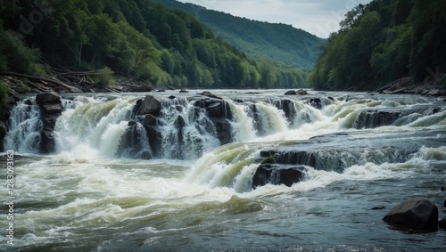 Waterfall cascading over rocks in a river surrounded by lush green forest under a cloudy sky with mountains in the background Copy Space
