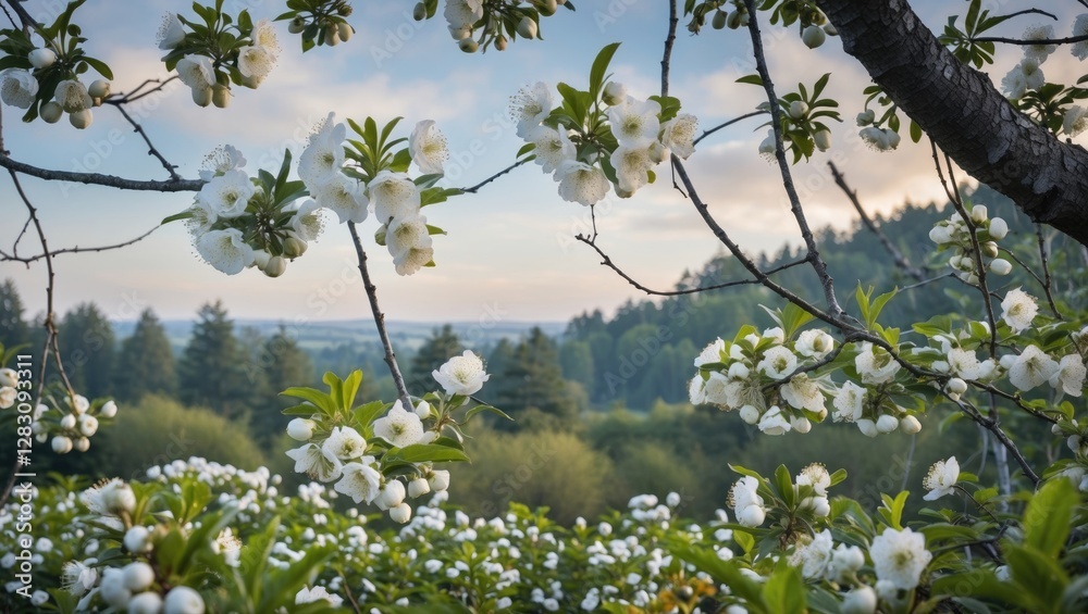 Cherry blossom branches with white flowers in foreground overlooking a green landscape and distant hills during daylight. Copy Space Cherry blossom branches with white flowers in foreground overlooking a green landscape and distant hills during daylight. Copy Space