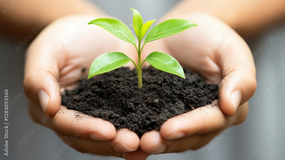 Hands gently hold a small green plant emerging from dark soil, symbolizing growth and hope Hands gently hold a small green plant emerging from dark soil, symbolizing growth and hope