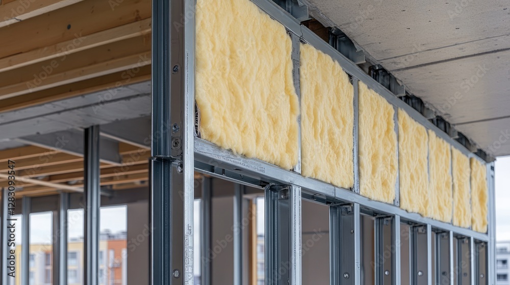 Rock wool insulation being fitted between steel framing in a commercial building Rock wool insulation being fitted between steel framing in a commercial building