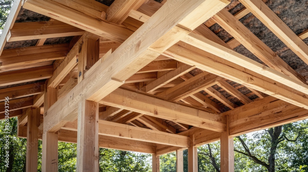 Roof structure with wooden rafters and insulation under construction Roof structure with wooden rafters and insulation under construction