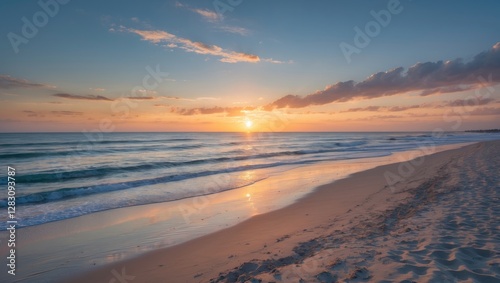 Wallpaper Mural Sunset over tranquil beach with gentle waves reflecting warm colors and golden light creating natural beauty and peaceful atmosphere Copy Space Torontodigital.ca