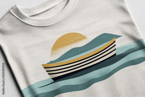 Stylish t-shirt with abstract sunset, boat and wave design
