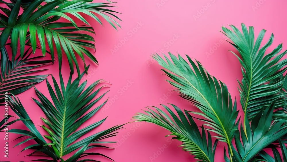 Tropical palm leaves on vibrant pink background with ample copy space for text placement Tropical palm leaves on vibrant pink background with ample copy space for text placement