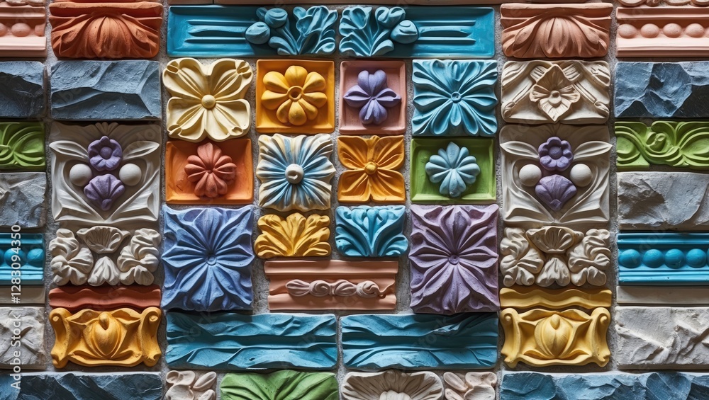 Fototapeta premium Vibrant decorative relief tiles resembling stone featuring intricate floral designs in various colors on a textured wall surface