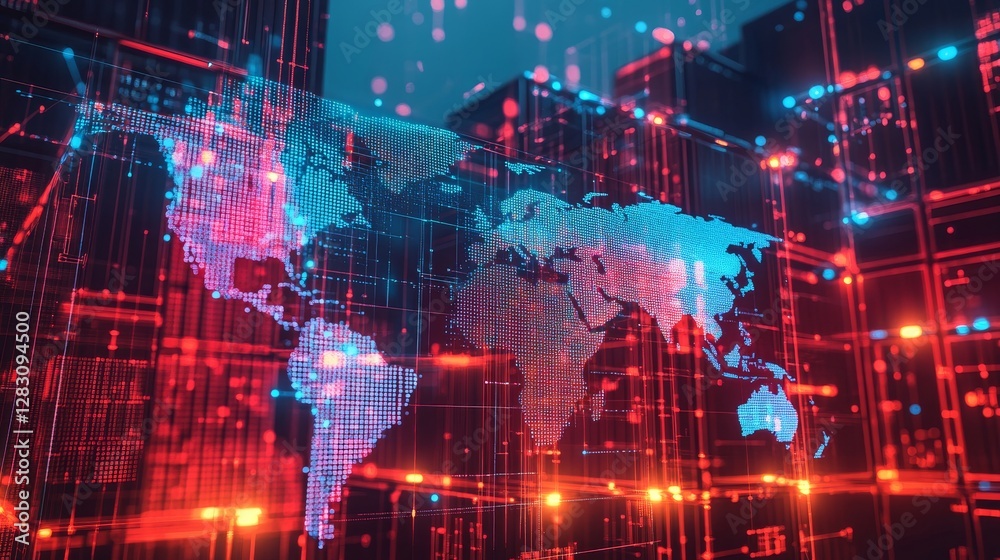 Fototapeta premium Global connectivity represented through a digital world map with vibrant colors and data patterns
