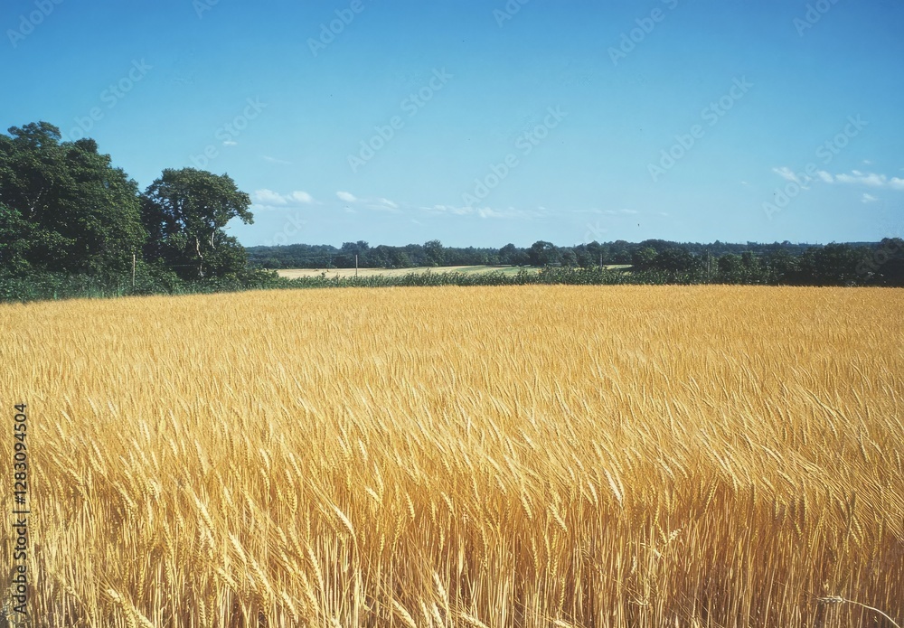Golden wheat field stretching to horizon under clear blue sky, rural landscape Golden wheat field stretching to horizon under clear blue sky, rural landscape