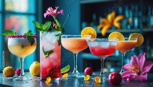 Vibrant Colorful Cocktails Garnished with Fruits and Flowers on a Stylish Table with Room for Custom Text or Branding Placement photo