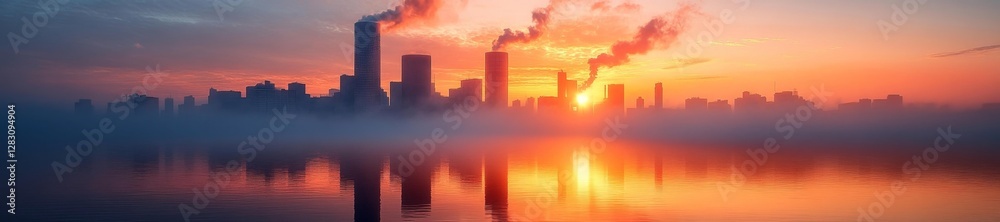 Fototapeta premium Industrial skyline with smoke at sunset over the water. Generative AI